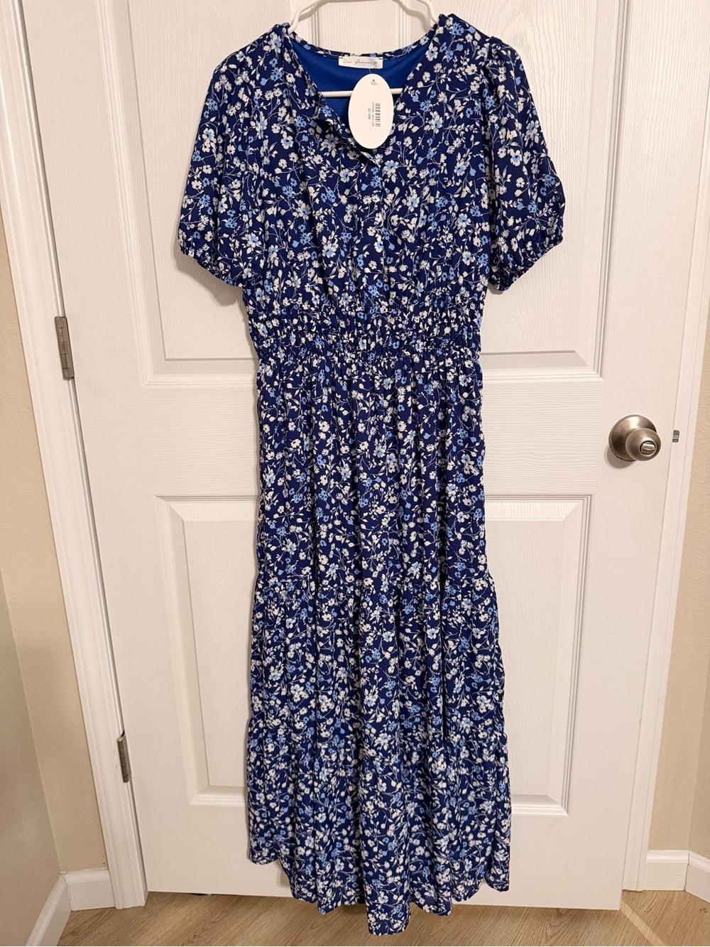 Ces Femme Blue Floral Smocked Waist Maxi Dress Size Medium NWT